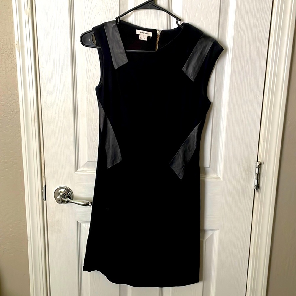 Helmut Lang Hi Low Black Dress with Leather Detail and Asymmetrical Neckline